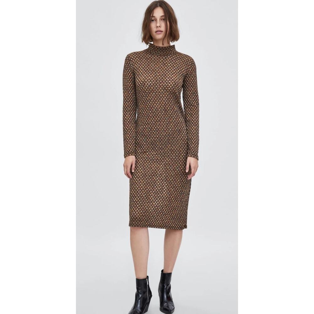Zara Shimmery Fitted Knit Long Sleeve Lined Midi Dress Mock Neck Stretch S Brown